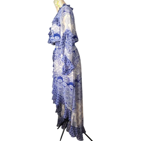 NWT MISA Imaan Size Small Blue White Multi Tile Ruffle Sheer High-Low Maxi Dress